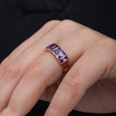 Gümüş Rose Baget  Ametist Taşlı Kadın Yüzük 11