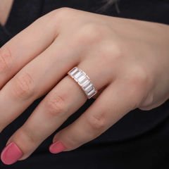 Gümüş Rose Baget  Beyaz Taşlı Kadın Yüzük 11