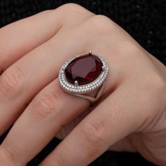 Gümüş Kırmızı Oval Taşlı Kadın Yüzük 11