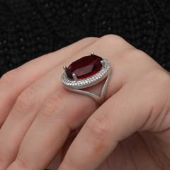 Gümüş Kırmızı Oval Taşlı Kadın Yüzük 11