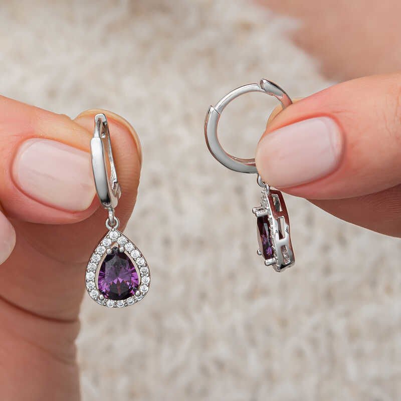 Gümüş Mor Zirkon Taşlı Damla Kadın Küpe