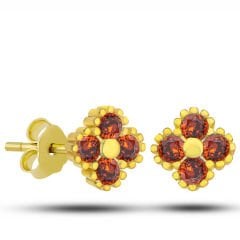 Gümüş Gold Yonca Çivili Kırmızı Taşlı Çocuk Küpe
