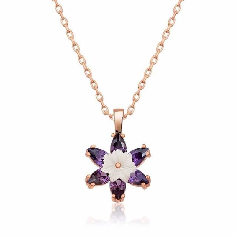 Gümüş Rose Mor Lotus Çiçeği Kolye