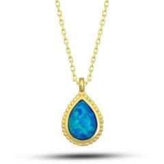 Gümüş Gold Damla Mavi Opal Taşlı Kadın Kolye