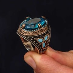Gümüş Aquamarine Taşlı Erkek Yüzük 28