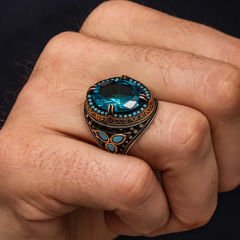 Gümüş Aquamarine Taşlı Erkek Yüzük 28