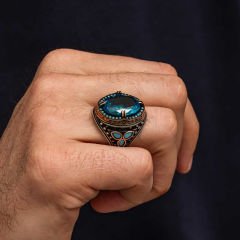 Gümüş Aquamarine Taşlı Erkek Yüzük 28
