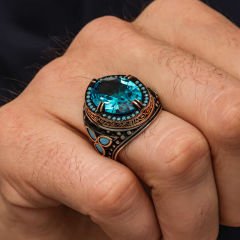 Gümüş Aquamarine Taşlı Erkek Yüzük 28