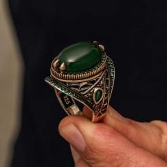 Gümüş Yeşil Akik Taşlı Erkek Yüzük 28
