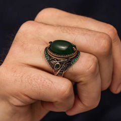 Gümüş Yeşil Akik Taşlı Erkek Yüzük 28