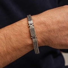 Gümüş Oksitli Desenli Erkek Bileklik 20 cm
