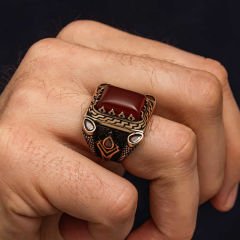 Gümüş Kırmızı Akik Taşlı Erkek Yüzük 28