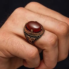 Gümüş Kırmızı Akik Taşlı Erkek Yüzük 29