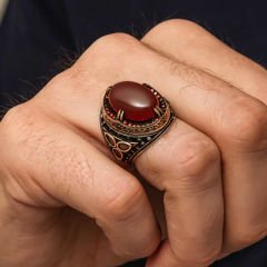 Gümüş Kırmızı Akik Taşlı Erkek Yüzük 29
