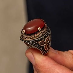Gümüş Kırmızı Akik Taşlı Erkek Yüzük 29