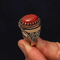 Gümüş Kırmızı Akik Taşlı Desenli Erkek Yüzük 28