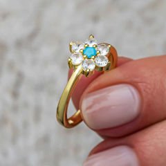 Gümüş Mavi Taşlı Gold Çiçek Kadın Yüzük 16