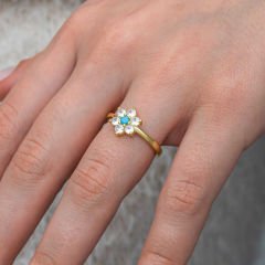 Gümüş Mavi Taşlı Gold Çiçek Kadın Yüzük 16
