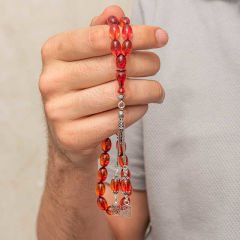 Gümüş Püsküllü Ateş Kehribar Tesbih