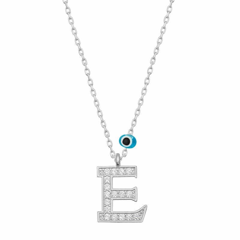 Gümüş Nazar Rodyum E Harfi Kadın Kolye