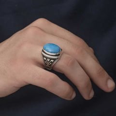 Gümüş Zirkon Turkuaz Taşlı Oval Erkek Yüzük 23