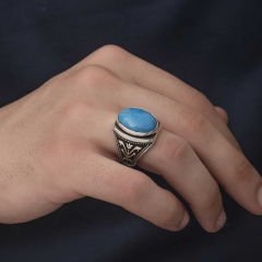 Gümüş Zirkon Turkuaz Taşlı Oval Erkek Yüzük 23