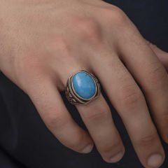 Gümüş Zirkon Turkuaz Taşlı Oval Erkek Yüzük 23
