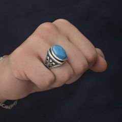 Gümüş Zirkon Turkuaz Taşlı Oval Erkek Yüzük 23