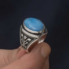 Gümüş Zirkon Turkuaz Taşlı Oval Erkek Yüzük 23