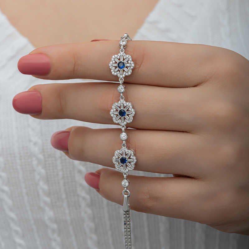 Gümüş Baget Çiçek Desenli Kadın Bileklik