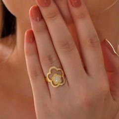 ​Gümüş Gold Çiçek Desenli Kadın Yüzük 10