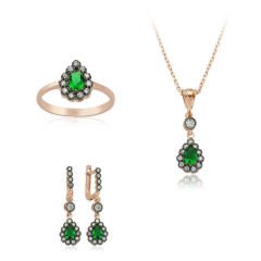 Gümüş Yeşil Taşlı Damla Bayan Set 19