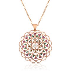 Gümüş Rose Geometrik Desenli Madalyon Kolye