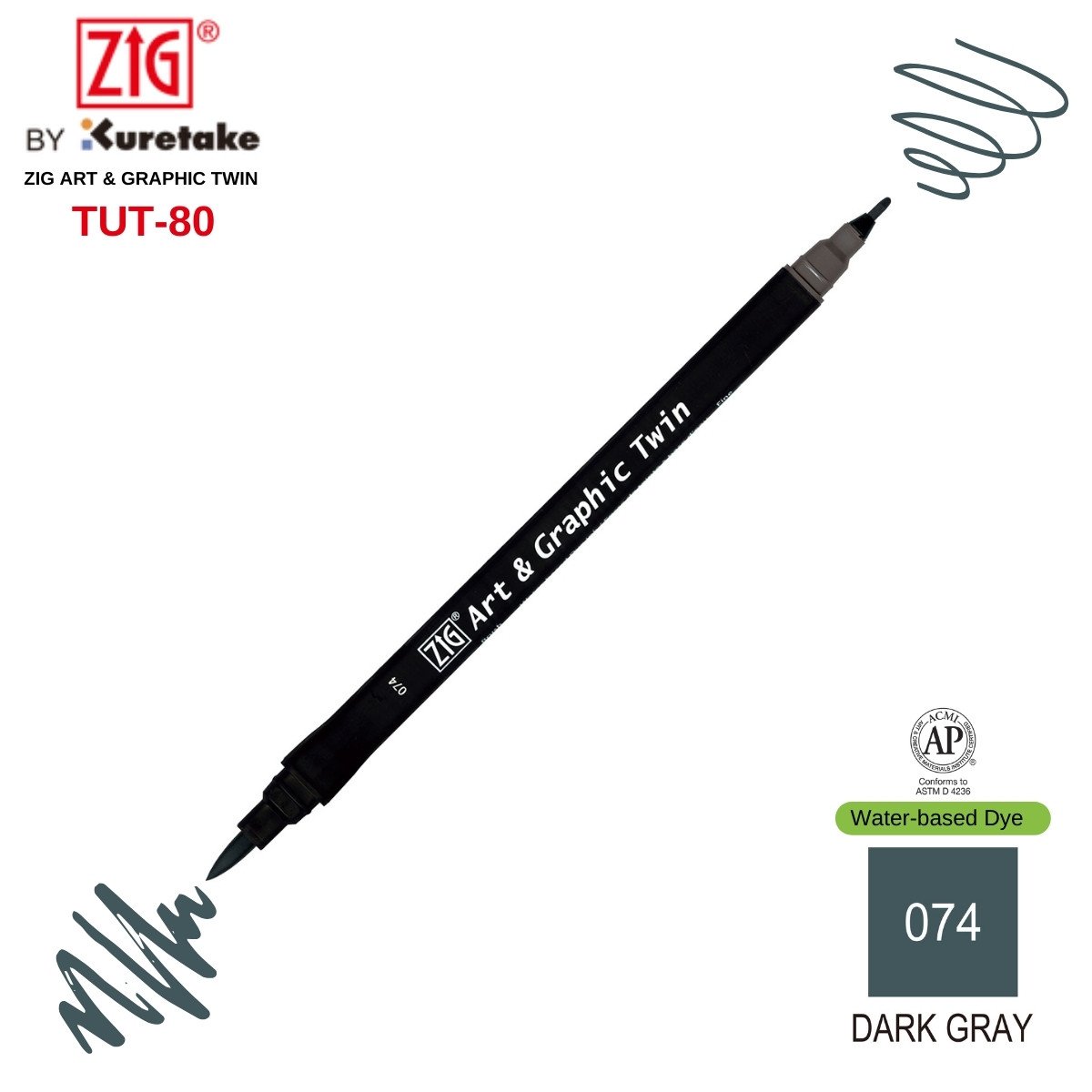 Zig Art&Graphic Twin Tut-80 Çift Uçlu Keçe Grafik Kalemi 074 Dark Grey