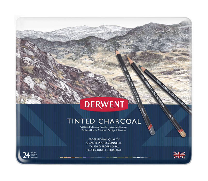 Derwent Tinted Charcoal Mürekkep Bazlı Kömür Kalem Seti Metal Kutu 24 Renk