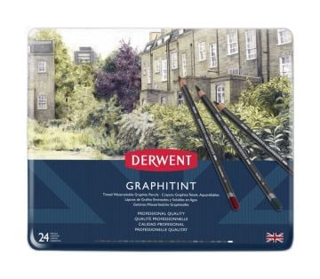 Derwent Graphitint 24 Renk Suda Çözünebilen Renkli Çizim Kalemi Seti 24 Renk Teneke Kutu