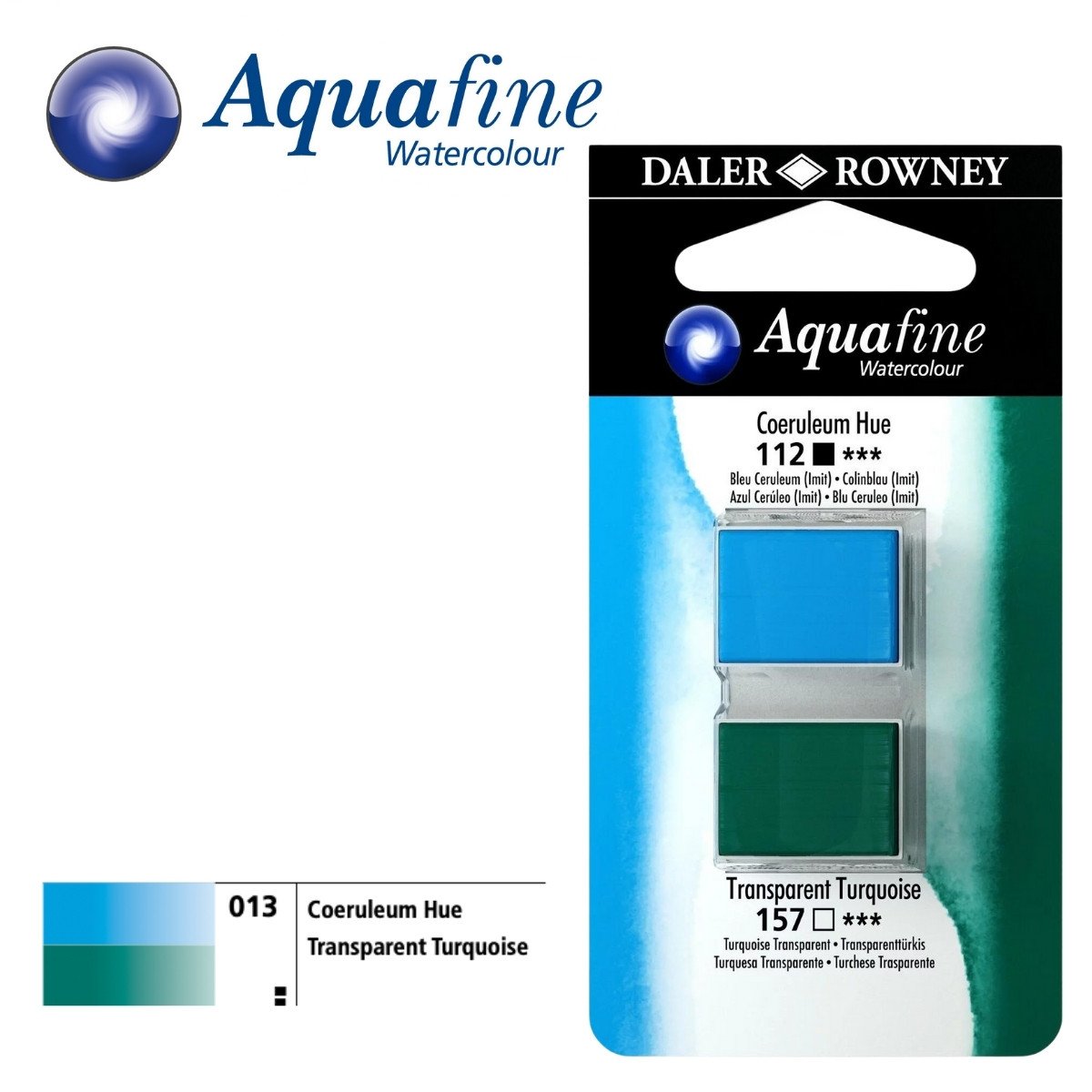 Daler Rowney Aquafine 2li Sulu Boya Tableti 112 Coeruleum Blue Hue - 157 Transparent Turqouise