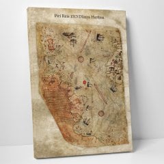 Piri Reis Dünya Haritası Eskitme Zeminli Kanvas Tablo