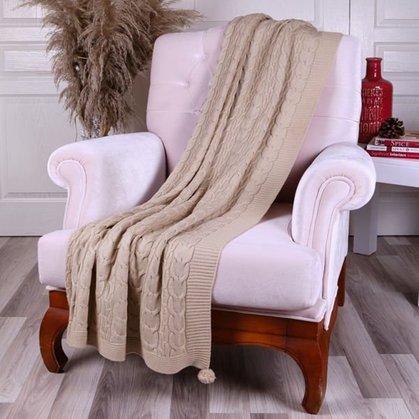 Taş Rengi Örgü Desenli Koltuk Şalı 130 X 170 CM %100 Soft Akrilik