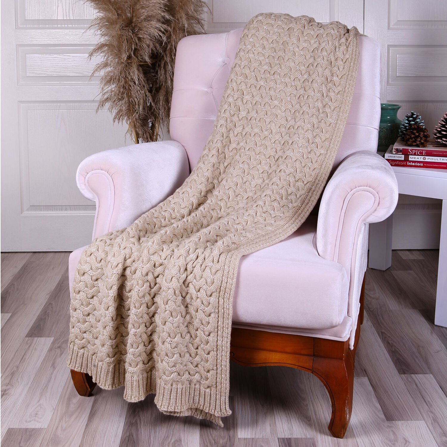 TA14011 Örgü Koltuk Şalı Bej