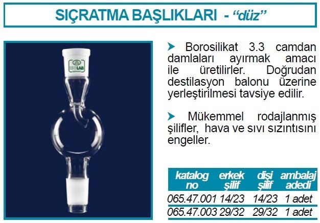 İSOLAB 065.47.003 adaptör - sıçratma tutucu - düz - dişi: NS 29/32 - erkek: NS 29/32 (1 adet)