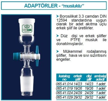 İSOLAB 065.41.029 konnektör - musluklu - dişi şilif : NS 29/32 - erkek şilif : NS 29/32 (1 adet)