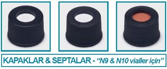 İSOLAB 096.01.002 kapak + septa - N9 - silikon/PTFE - yarıklı (100 adet)