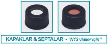 İSOLAB 096.05.004 kapak + septa - kırmızı kauçuk / FEP renksiz - yarıksız - N13 vidalı vial için (100 adet)