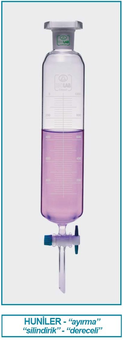 İSOLAB 031.06.500 ayırma hunisi - cam - silindirik - dereceli - PTFE musluklu - 500 ml (1 adet)