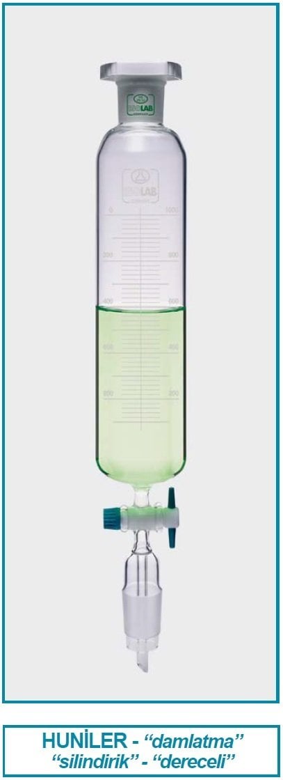 İSOLAB 032.02.050 damlatma hunisi - cam - silindirik - dereceli - PTFE musluklu - 50 ml (1 adet)
