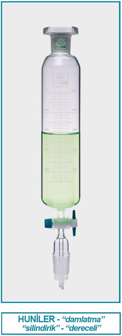 İSOLAB 032.02.901 damlatma hunisi - cam - silindirik - dereceli - PTFE musluklu - 1000 ml (1 adet)