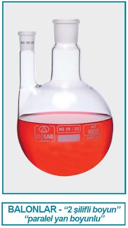 İSOLAB 030.30.050 balon -dibi yuvarlak-2 boyunlu-boyun:NS14/23-yan dişi:NS14/ 23 - 50 ml (1 adet)