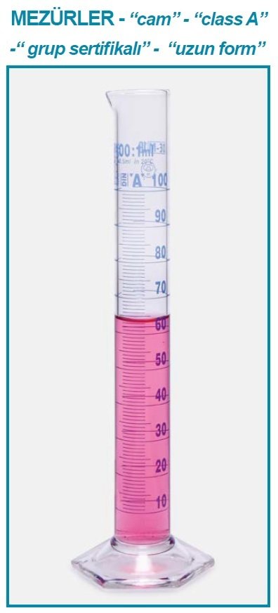 İSOLAB 015.01.025 mezür - uzun form - hexagonal cam tabanlı - A kalite - grup sertifikalı - mavi skala - 25 ml (2 adet)