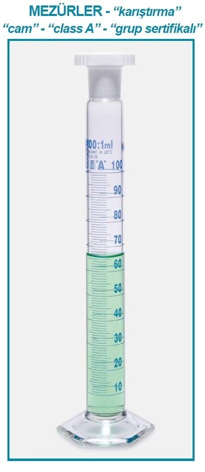 İSOLAB 016.01.100 mezür - çalkalama - hexagonal cam tabanlı - A kalite - grup sertifikalı - mavi skala - 100 ml (2 adet)